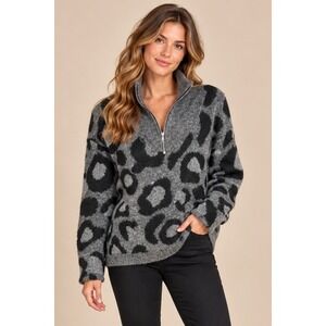 RD Style Conscious Womens Gray Leopard Quarter Zip Sweater 73SR768SF Size M